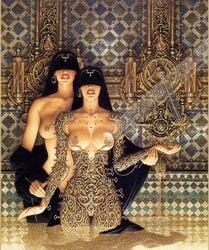 2girls arabian_architecture bath biomechanical breasts censored censored_nipples covered_eyes cyborg fantasy female female_only females_only height_difference islamic_architecture large_breasts mechanical medium_breasts middle_eastern_architecture open_mouth oscar_chichoni steampunk undressing voluptuous