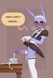 1boy balls big_balls black_dress black_eyes blue_skin blush clothed cock_ring crossdressing cum cum_in_cup cup dress dress_lift english_text from_side furry furry_male gloves human_penis jax_(the_amazing_digital_circus) lewdstuff maid maid_headdress maid_jax_(the_amazing_digital_circus) male male_only no_nose no_panties penis penis_out rabbit_boy rabbit_ears solo speech_bubble standing teacup text the_amazing_digital_circus thighhighs variant_set white_gloves white_thighhighs yellow_sclera