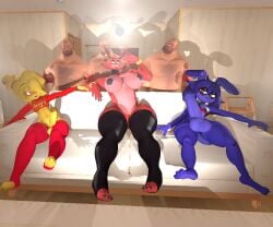 1girls 2futas 3boys 3d anthro cally3d couch female five_nights_at_freddy's fully_erect futanari intersex jplecf male team_fortress_2 teamwork