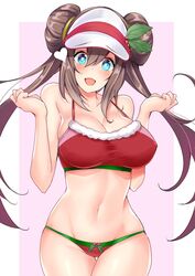 1girls alternate_breast_size bikini blue_eyes blush breasts christmas creatures_(company) double_bun eyebrows_visible_through_hair game_freak heart large_breasts long_hair looking_at_viewer navel nintendo open_mouth pokemon pokemon_(game) pokemon_bw2 red_bikini rosa_(pokemon) sankakusui_(deltawhite) smile solo swimsuit twintails visor_cap white_background