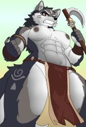 ai_assisted annoyed_expression anthro armed breasts breasts_out canid canine canis female female_focus growling gusa loincloth loincloth_only looking_at_viewer midriff mostly_nude multicolored_fur muscular muscular_female solo thick_thighs wolf wolf_girl
