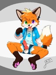 1boy absurdres aged_down animal_penis fox furry heterochromia highres knotted_penis lino male open_mouth original paw_pose pelo_peluche penis precum saliva spread_legs