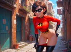 ai_generated big_breasts erect_nipples_under_clothes helen_parr latex_bodysuit latex_gloves leggings_down looking_at_viewer mask pubic_hair pussy the_incredibles thighs