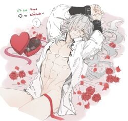 blush box_of_chocolates chest_exposed chocolate exposed_chest exposed_torso gray_hair honkai:_star_rail hoyoverse jing_yuan long_hair male male_only messy_hair mole_under_eye muscles muscular muscular_male nude nude_male ribbon ribbons rose rose_petals roses roses_on_bed shirt_unbuttoned smile smiling smiling_at_viewer wrist_cuffs wrists_bound yellow_eyes