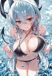 ai_generated big_breasts bikini black_bikini black_bikini_bottom black_bikini_top breasts breasts_focus female raaicave shoulders water_background white_hair wuthering_waves zani_(wuthering_waves)