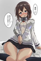 after_sex bed beer_can black_legwear black_skirt breasts brown_hair can commentary_request cum cum_on_body female grey_eyes hayasui_(kantai_collection) highres indoors jacket kantai_collection looking_at_viewer medium_breasts netorare open_clothes open_jacket pleated_skirt shiba_(zudha) shirt short_hair sitting skirt solo wariza white_shirt