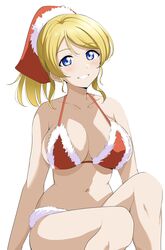 1girls ayase_eli barkhorn0331 big_breasts blonde_hair blue_eyes blush breasts christmas female female_focus female_only hi_res large_breasts looking_at_viewer love_live! love_live!_school_idol_project navel ponytail santa_costume santa_hat simple_background sitting smile solo solo_focus tagme white_background