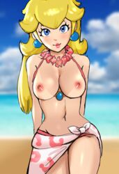 alternate_breast_size bikini blonde_hair blue_eyes breasts breasts_out lei looking_at_viewer mario_(series) princess_peach sarong smile sunbeam sunbeam_(artist) super_mario_odyssey tagme tanlines