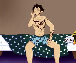 artist_request bed black_hair boxers bulge clothing grey_eyes guy hard_cock hard_penis hat male male_only one_guy one_piece trafalgar_law