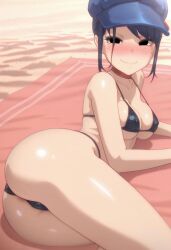 ai_generated anime anus anus_peek ass beach beauty bikini bikini_over_anus cappie dark_blue_hair miside mita outdoors sexy sfw vitalikmk2 white_skin