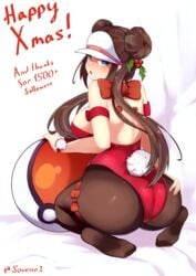 1girls absurdres alternate_breast_size artist_name ass ass_grab back blue_eyes blush bow breasts brown_hair christmas creatures_(company) double_bun fake_tail game_freak grabbing_own_ass hi_res highres large_breasts long_hair mistletoe nintendo pantyhose playboy_bunny poke_ball pokemon pokemon_(game) pokemon_bw2 rabbit_tail rosa_(pokemon) sideboob sitting solo soveno tail twintails visor_cap wariza white_background