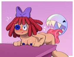 1boy 1girls ari_dibujitos aribujitosnsfw ass blush breasts bubble bubble_(the_amazing_digital_circus) doll female licking licking_ass male male/female nipples nude open_mouth ragatha_(the_amazing_digital_circus) ragdoll sharp_teeth sweat teeth the_amazing_digital_circus tongue tongue_out