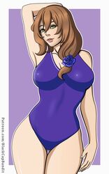 blackcapbandit breasts brown_hair female gaming genshin_impact green_eyes librarian lisa_(genshin_impact) pinup swimsuit