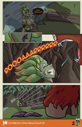 2025 beast comic comic_page doa(shaowarts) doathedryad dryad flower forest_background green_skin jade_empire(shaowarts) purple_eyes running running_away self_upload shaowarts text
