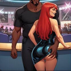 1girls ai_generated ass_grab big_breasts black_dress black_man camera_pov cleavage club comic cuckold dress female fit fit_female green_eyes interracial interracial_couple lipstick long_hair looking_at_viewer luke_cage marvel marvel_comics mary_jane_watson nightclub pov pussy qos queen_of_spades red_hair solo spider-man_(series) themerchant69