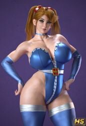 1girls 3d 3d_artwork 3d_model 3d_render absurd_res absurdres athletic athletic_female bare_shoulders big_breasts black_eyeliner blue_choker blue_clothes blue_clothing blue_leotard blue_sleeves blue_thighhighs breasts brown_eyes brown_hair busty choker cleavage closed_mouth clothed clothed_female clothing cute_face detached_sleeves eyeliner female fingernails fit fit_female gradient_background gundam gundam_build_fighters gundam_build_fighters_try hagiwara_studio hand_on_hip hand_on_own_hip hands_on_hips hands_on_own_hips high_leg_leotard high_resolution highres hips huge_breasts large_breasts leotard light-skinned_female light_skin long_hair looking_to_the_side looking_up mouth_closed nail_polish plain_background plump_breasts pose posing purple_background red_nail_polish red_nails sazaki_kaoruko simple_background sleeves solo solo_female solo_focus standing thick thick_female thick_thighs thighhighs thighs twintails wide_hips