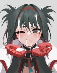 1girls black_survival breast_cutout cum cum_in_mouth cum_on_body eternal_return:_black_survival facial female gloves gradient_eyes hairband highres hisui_(black_survival) jacket letdie1414 mole mole_under_eye multicolored_eyes multicolored_hair pink_hair red_gloves red_hairband solo solo_female teeth two-tone_hair white_jacket