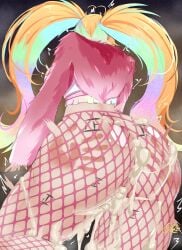 1girls arielle_(vtuber) ass back_view blonde_hair body_markings clothed clothing cum cum_in_ass cum_in_pussy cum_inside cum_leaking female female_only fishnets huge_butt indie_virtual_youtuber light-skinned_female light_skin multicolored_hair no_panties ophimon slap_marks solo virtual_youtuber