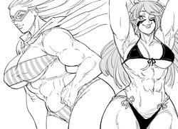 2girls abs armpits bb_(baalbuddy) bikini blonde_hair blue_eyes cathleen_bate crossover curvaceous curvy female female_focus female_only fuma_kotaro_(tenkaichi) hips long_hair looking_at_another monochrome muscular muscular_female my_hero_academia star_and_stripe_(my_hero_academia) tenkaichi_nihon_saikyou_bugeisha_ketteisen thick_thighs thighs wide_hips