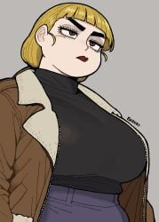 big_breasts blonde_hair bomber_jacket brown_eyes fear_and_hunger fear_and_hunger:_termina female female_only fully_clothed huge_breasts karin_(fear_and_hunger) lipstick low-angle_view ponytail solo thick_eyebrows turtleneck turtleneck_sweater upper_body