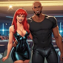 1girls ai_generated big_breasts black_dress black_man camera_pov cleavage club comic cuckold dress female fit fit_female green_eyes interracial interracial_couple lipstick long_hair looking_at_viewer luke_cage marvel marvel_comics mary_jane_watson nightclub pov qos queen_of_spades red_hair solo spider-man_(series) themerchant69