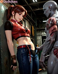 1boy 1girl against_wall ai_generated belt black_panties blue_eyes breasts brown_hair capcom choker claire_redfield crop_top denim dizbabes fingerless_gloves gloves grey_skin hetero jeans medium_breasts midriff navel panties pants penis pink_choker ponytail resident_evil resident_evil:_the_darkside_chronicles resident_evil_code_veronica smile stable_diffusion underwear veins video_game_character video_games zombie