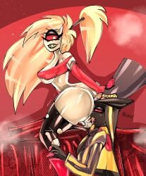 ass ass_worship bitterbunz bowtie breasts cherri_bomb cherri_bomb_(hazbin_hotel) cyclops cyclops_girl eating_ass face_in_ass freckles freckles_on_ass freckles_on_face hazbin_hotel huge_ass long_hair pantyhose ponytail_female red_eyes sideboob sir_pentious_(hazbin_hotel) snake teeth teeth_showing vivienne_medrano