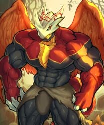 4:5 abs absurd_res anthro armor bandai_namco biceps big_muscles black_body blue_eyes bottomwear bulge burninggreymon claws clothed clothing digimon digimon_(species) digital_drawing_(artwork) digital_media_(artwork) dragon headgear helmet hi_res horn loincloth loincloth_only male mixterart muscular muscular_anthro muscular_male mythological_creature mythological_scalie mythology pecs scalie solo tail topless underwear vein veiny_muscles wings
