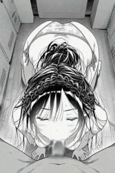 1boy 1girls ai_generated ass ass_focus bikini blowjob closed_eyes kanojo_okarishimasu mizuhara_chizuru monochrome sucking_penis
