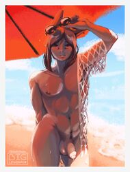 1boy abs adonis_belt arm_behind_back arm_up armpits artist_signature beach beach_umbrella biglewdnai exposed_penis final_fantasy final_fantasy_xiv hi_res in_shade male male_only miqo'te monster_boy muscular_male naked navel net open_mouth red_eyes sunglasses sweat wide_hips