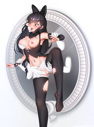 1girls against_mirror arms_held_back black_hair blake_belladonna bow breast_grab breast_squeeze breasts catgirl disembodied_hand disembodied_hands finger_in_mouth grabbed_from_behind grabbing hairbow half-dressed leg_grab leg_lift leg_up leggings long_fingernails long_hair mirror nipples pussy renkonv rubbing_pussy rwby scarf stomach surprised thighhighs thighs tongue tongue_out torn_clothes torn_legwear yellow_eyes