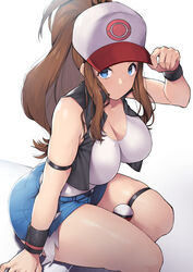 1girls big_breasts breasts female female_only hilda_(pokemon) large_breasts looking_at_viewer nagase_haruhito pokemon pokemon_bw shorts solo tank_top thick_thighs wide_hips