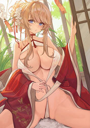 1girls animal_print azur_lane bangs bare_shoulders blonde_hair blue_eyes blush breasts butterfly_print catsmoon chinese_clothes choker cleavage collarbone dress eyebrows_visible_through_hair female floral_print glorious_(azur_lane) glorious_(pungent_plum)_(azur_lane) groin hair_bun hair_ornament hair_stick hairpin hand_up highres large_breasts light-skinned_female light_skin long_hair looking_at_viewer official_alternate_costume open_clothes partially_visible_vulva red_dress revealing_clothes royal_navy_(azur_lane) sidelocks sitting skindentation sliding_doors solo spread_legs stomach tree wariza wide_sleeves wind_chime