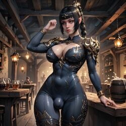 ai_generated armor baldur's_gate_3 black_hair bodysuit bulge futa_only lacrinar large_breasts shadowheart