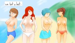 4girls 7:4 absurd_res atlus blue_hair breasts brown_hair enbu exposed exposed_breasts female female_only fuuka_yamagishi hi_res highres kotone_shiomi light-skinned_female light_skin megami_tensei mitsuru_kirijo multiple_girls nipples outdoors outside persona persona_3 persona_3_portable pixiv public_topless red_hair sega topless topless_female yukari_takeba