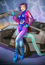 1girls back_to_the_future delorean female female_only fingerless_gloves fishnets fully_clothed gloves high_heels latex latex_clothing latex_gloves nail_polish original_character painted_fingernails painted_nails platform_heels shiny_clothes sleepystephbot tight_clothing time_machine