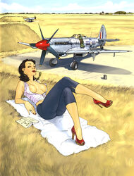 aircraft brunette high_heels pinup romain_hugault spitfire_(plane) sunbathing sunglasses tagme world_war_2