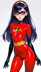 ai_generated breasts camel_toe erect_nipples_under_clothes latex latex_bodysuit latex_gloves looking_at_viewer mask the_incredibles thighs violet_parr