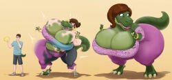 1boy 1girls ass ass_expansion blue_eyes breast_expansion breasts brown_hair clothing_transformation dinosaur dinosaur_girl earrings full_body glasses hi_res highres hoop_earrings huge_ass huge_breasts huge_thighs human_to_anthro lipstick milf milf_body milfification mtf_transformation original red_lipstick saturnxart scalie species_transformation tail thick_thighs transformation transformation_sequence tyrannosaurus_rex
