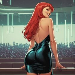 1girls ai_generated big_breasts camera_pov cleavage club comic dress female fit fit_female green_eyes lipstick long_hair looking_at_viewer marvel marvel_comics mary_jane_watson nightclub pov red_hair solo spider-man_(series) themerchant69