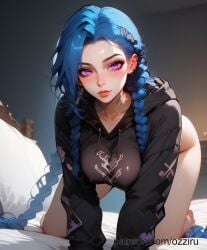 ai_generated blue_hair bottomless bottomless_female braid braided_hair braided_ponytail female hoodie hoodie_only jinx_(league_of_legends) league_of_legends ozziru patreon purple_eyes self_upload tattoo tattoos twintails uncensored