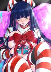 1girls blush bound breasts christmas christmas_present gift goth hi_res highres large_breasts looking_at_viewer multicolored_hair panty_&_stocking_with_garterbelt purple_hair revealing_clothes ribbon ribbon_bondage ribboned_body sitting solo stocking_anarchy thighhighs vialnite