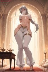 1girl ai_generated arabian_clothes bikini breasts full_body grey_hair harem_pants hi_res high_quality high_resolution karasuba_(sekirei) kiraamane large_breasts long_hair navel pants patreon ponytail seductive see-through sekirei sexy solo standing swimsuit uncensored watermark