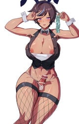 1futa :d areola_slip armpit_hair armpits bar_censor big_breasts blue_hair blush borrowed_character bow bowtie breasts brown_hair censored cleavage clothed clothing condom condom_packet_strip condom_wrapper detached_collar erection female fishnet_legwear fishnets futa_only futanari highres human large_breasts light-skinned_futanari light_skin mostly_nude navel nipples original panties penis purple_eyes seitoedaha short_hair smile solo solo_futa thick_thighs thighhighs underwear v white_panties wide_hips wrist_cuffs