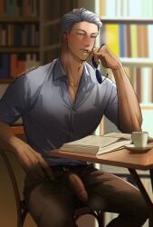1boy belt blush collared_shirt girthy_penis gojou_satoru jujutsu_kaisen looking_at_viewer male male_only masculine masculine_male musky_cock open_fly partially_clothed penis penis_out precum satoru_gojo sitting smirking_at_viewer solo_male teacher white_hair yuannaoi