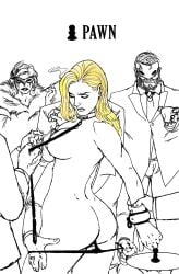 anal_plug artist_request blonde_female blonde_hair bondage buttplug cigarette cigarette_holder collar emma_frost hellfire_club male marvel mask masquerade_mask sketch slave_collar spot_color suit suit_and_tie