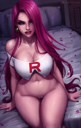 1girls abs alternate_breast_size alternate_hairstyle bare_shoulders bed bedroom big_breasts blue_eyes breasts burgundy_hair cleavage clothed curvaceous curvy earrings eye_contact eyelashes female female_only hair_down high_resolution highres hips human human_only jessie_(pokemon) large_breasts lipstick long_hair looking_at_viewer luminyu makeup nail_polish naughty_face navel night nintendo on_bed pale_skin petals pink_hair pokemon pokemon_rgby purple_hair purple_nails pussy red_lipstick seductive_eyes seductive_smile shaved_pussy shirt sitting solo straight_hair team_rocket thick thick_thighs thighs very_long_hair wide_hips