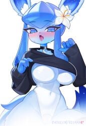 animal_ear_fluff anthro anthro_only artist_name big_breasts black_choker black_shirt blue_eyes blue_hair blush breasts choker clothes_lift covered_navel crescent eeveelution female female_focus female_only flower furry furry_female furry_only glaceon hair_flower hair_ornament highres image_sample leotard lifting_own_clothes long_sleeves looking_at_viewer md5_mismatch nintendo oerba_yun_fang open_mouth patreon_username pointing pointing_at_self pokemon pokemon_(species) pussy re1akko resolution_mismatch shirt shirt_lift skin_fang solo solo_female source_larger sweat tail twitter_sample white_background white_flower white_leotard