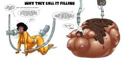 1girls alex_(totally_spies) big_ass big_belly big_breasts black_hair bodysuit chocolate chocolate_on_body cream cream_inflation dark-skinned_female dark_skin dialogue filling food_inflation hose hose_in_butt hose_in_mouth hose_inflation immobile inflation medium_ass medium_breasts naked naked_female nude nude_female okayokayokok restrained sunken_head sunken_limbs tagme thin_waist totally_spies wide_hips yellow_bodysuit