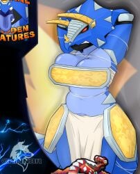 action_figure angry armor armpits blue_skin blue_skinned_female blue_tongue bondage boob_squish breasts chubby dinosaur gold_(metal) gold_bikini gold_horn gold_horns gold_jewelry grinn3r gritted_teeth helpless helpless_female helpless_girl horn horns loincloth red_eyes robot strong strong_woman strongfat tagme tagme_(character) tagme_(series) tongue toy trapped triceratops wire